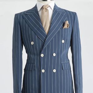 Erkekler Takım Stripe Double Bravatalı Ceket Setleri Düğün Erkekler Takım İnce Fit Smokin 2 Parçası Büyük Boyu Zarif Elbise (Blazer