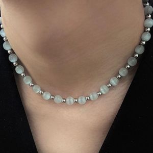 Kedjor 8 10mm runda vit opal månsten legering pärlor skarv halsband mode enkel hip-hop ins design kvinnor smycken tillverkning