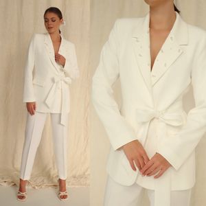 Casual Dresses Simple Pearls Mother of the Bride Custom Made Notched Lapel Lace Up Blazer Pencil Pants Daily Formal Gown 230221