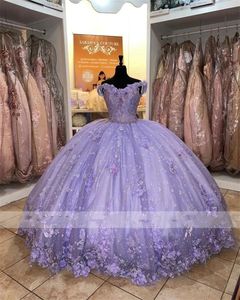 Prenses Quinceanera Dantel Mor Elbiseler Balo Elbise 2023 Kapalı Omuz Boncuklu 3D Çiçekler Doğum Günü Partisi Önlükleri Vestidos De 15 Anos S