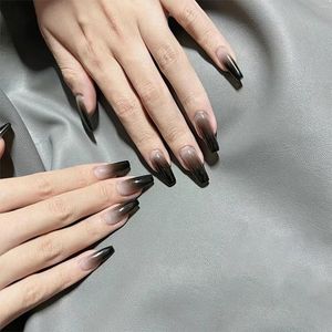 False Nails 24pcs Cool Girl Press On Long Coffin Square Ballet Nail Tips Full Cover Acrylic Fake With Black Gradient Design