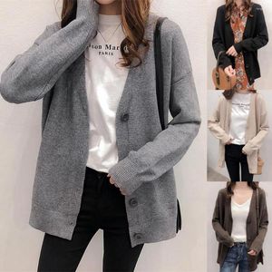 Women's Knits V Neck Sweater Casual Long Sleeve Knitted Chic Solid Color Fashion Buttons Cardigan Simple Grey Black Woman Girl Single