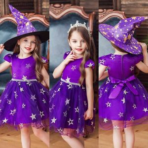 Sukienki dziewczyny 2022 Halloween dziewczyny impreza występują w Puffy Princess Sukienka z spiczastym kapeluszem Kids Cosplay Magician Witch Cothes W0221