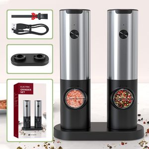 Mills Rechargeable Electric Salt And Pepper Grinder Set USB Charging Base Stainless Steel Automatic Spice Grinder With LED Pepper Mill 230221