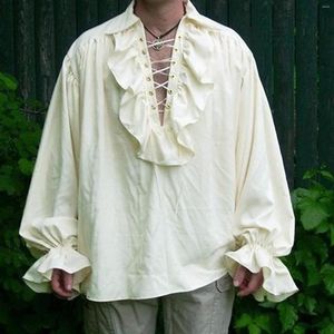 Men's Casual Shirts White Steampunk Lace Ruffled Stand Collar Long Sleeve Victorian Vintage Shirt Men Gothic Renaissance Medieval