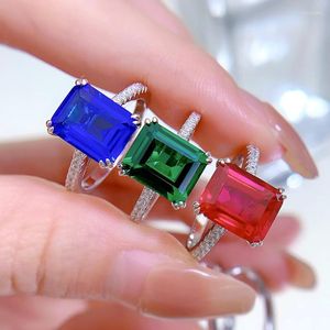 Wedding Rings Retro Style Ring 925 Sterling Silver Inlay Rectangle 8 10mm Synthetic Emerald Women Lady Engagement Jewelry