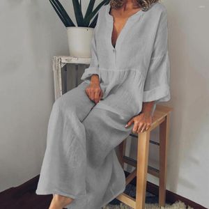 Casual Dresses 2023 Elegant Deep V-Neck Long Sleeve Large Hem Baggy Dress Women Summer Loose Maxi Thin Female Clothing