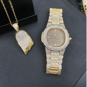 Armbanduhren Luxus Gold Hip Hop Schmuck Stilvolle Uhr Halskette Combo Set Diamant Männer Iced Out Anhänger W / Franco Kette Moun22