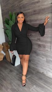 Casual Dresses 2023 Luxury Designer Young Sexy Women Of Quality Solid Deep V-Neck Full Flare Sleeve High Waist Short Pencil Dress