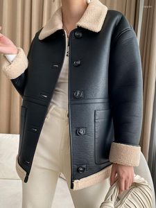 Kadın Deri Ailegogo Sonbahar Kış Kadınlar Gevşek Sahte Kuzu Kürk Ceket Vintage Kadın Siyah Yatak Kalın Sıcak Ceket Şık Dış Giyim