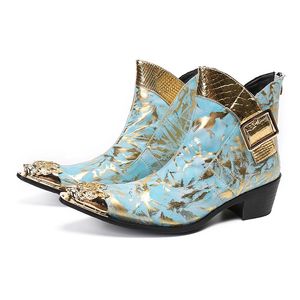 Handgemachte Herrenstiefel Golden Iron Toe Hellblau Echtleder Stiefel Herren Knöchel 6,5cm Heels Partystiefel!