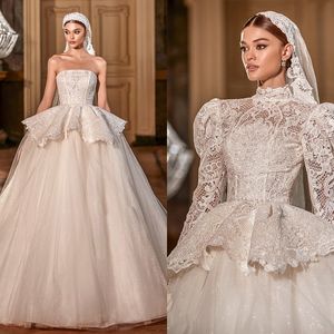 Novel Ball Gown Wedding Dresses Strapless Lace Coat Unique Waist Design Floor Length Tulle Custom Made Bridal Gown Vestidos De Novia