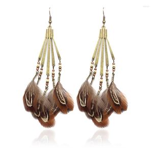 Dangle Earrings Boho Long Chain Brown Feather Fringed Tassel For Women Bohemian Ethnic Jewelry D'oreille Pendante Brincos