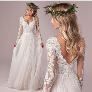 Party Dresses Lsyx Bohemian Long Sleeves Wedding Dress for Women Corset Low Back Golvlängd Spetsapplikationer Vit tyllchiffon Brudklänning 230221