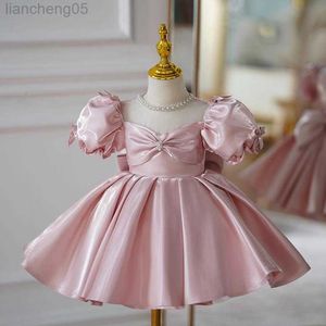 Flickans klänningar avancerade barndop Princess Evening Gown Bow Beading Design Wedding Birthday Party Girls Dresses For Eid A2401 W0221