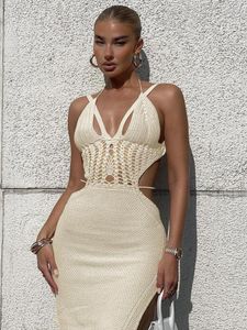 Casual Dresses Summer Sexy Y2K Clothes Hollow Out Lace Up Sleeveless Backless Side Slit Crochet Bodycon Midi Dress For Women