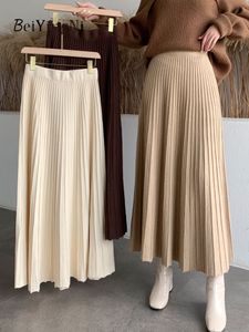 Casual Dresses Beiyingni Women Long Maxi Knitted Skirt Autumn Winter Casual Pleated High Waist A-line Skirts 90cm Korean Fashion Faldas 230222