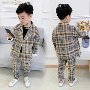 Kläderuppsättningar 2020 Autumn New Fashion Boys Suits For Party Children Green Jacket Pant 2 PCS Kläder Set Kids Formal Blazer Plaid Suit W0222