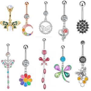 Navel & Bell Button Rings Piercing for Women Dangling Flower Pendant Turtle Moon Pearl Surgical Steel Summer Beach Fashion Body Jewelry