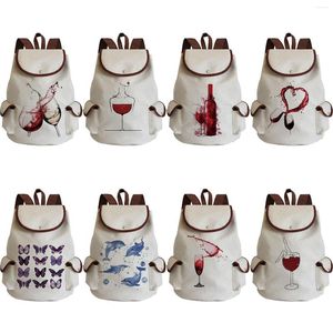 School Bags Drawstring Backpack Large Capacity Butterfly Women Wine Glass Printed Linen Backpacks For Students Cartoon Fashion