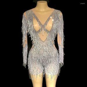 Bühnenkleidung Mode Fransen Strass Mesh Durchsichtig Bodysuit Sexy Quaste Strampler Damen Nachtclub Bar Party Outfit Tanzkostüm