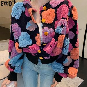 Women's Sweaters EWQ Spring Three-dimensional Flower Bubble Sleeve O Neck Plush Cardigan Short Warm Coat Tops Women Red Clothing R172 230221