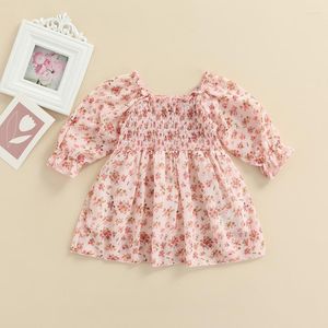Girl Dresses Infant Baby Long Sleeve Dress Children Spring Floral Printed Pleated Toddler Casual Clothes Kids Boutique Clothing