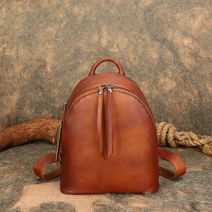 School Bags Hand-Rub Color Vegetable Tanning Leather Backpack Women's Casual Retro Niche First Layer Cowhide Travel Backpacks