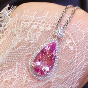 Girls Wedding Pendant Necklaces Artificial Pink Crystal zircon Diamond waterdrop Pendant Sweet Platinum Plated Necklace fashion Jewelry Party Birthday Gift