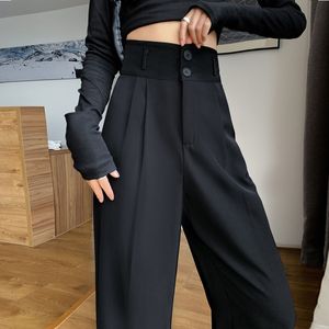 Calças femininas Capris Black Suit Pants for Women Korean 2 Buttons Wide pernas calças de rua vintage Office de alta moda Ladies Work Bottoms 230222
