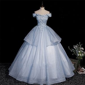 Party Dresses Light Blue Shining Quinceanera Off The Shoulder Lace Floral Tulle Ball Gown Floorlength Elegant Vestido De Baile 230221