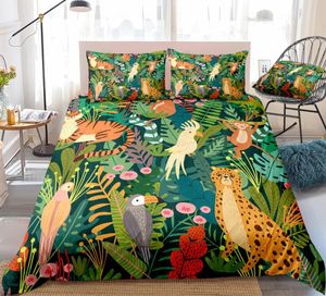 Set di biancheria da letto Animali selvatici Piante tropicali Copripiumino Set Pappagallo Scimmia Modello Foglie di palma Trapunta Letto matrimoniale Bambini Dropship 230222