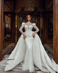 Exquisite Wedding Dresses Long Sleeves V Neck Halter Lace Beaded Sequins Appliques Detachable Train Sparkly Diamonds Bridal Gowns Plus Size Vestido de novia Custom