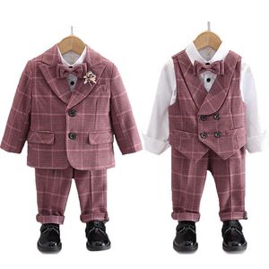Giyim Setleri Çocuk Foraml Ekose Gelinlik Seti Sonbahar Kış Bebek Erkek Doğum Günü Performans Giysileri Çocuklar Blazer Yelek Pantolon Bowtie