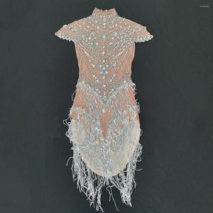 Stage Wear Plus Size Summer Sexy Glitter Crystal Bodycon Dresses Club Dress Translucent Fringe Unique Design Dance Costumes Outfit