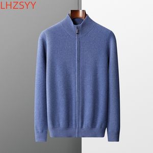 Herrtröjor Lhzsyy Men's Cashmere Knit Cardigan medelålders stand-up krage zip-up kappa 100%ren ull Autumn Winter Tjock tröja Men jacka 230222