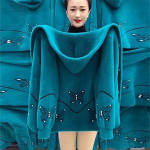 Women's Sweaters Middle Aged Elderly Mother Imitation Mink Velvet Coat Autumn Winter Thicken Hooded Cardigan Sweater Women Knitted Jacket 230222