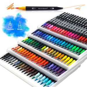 Markörer akvarellkonst borste penna Dual Tip Fineliner Ritning för kalligrafi målning 12 48 60 72 100 132 Färger Set leveranser 230221