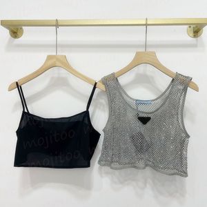 Designermärke T-shirts Toppar för kvinnor Blinkande strass ihåliga mesh kamisole damkläder Sexiga grimma tankar