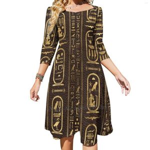 Casual Dresses Egyptian Hieroglyphs Gold On Brown Leather Square Neck Dress Cute Loose Print Elegant Beach Party