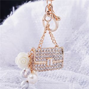 Keychains Lanyards Pearl Small Incense Wind Satchel Car Keychain Female Bag Pendant Metal Keychain Ring Rhinestone Small Gift