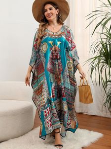 Kadın Mayo 2023 Yeşil Vintage Baskılı Uzun Kaftan Boho Satin Maxi Elbise Retro Yaz Giyim Kadınlar Plaj Giyim Mayalı Takım Up