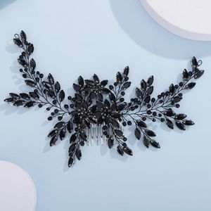 Headpieces Women Dainty Large Black Shiny Rhinestones Flower Crystal Pearls Bride Wedding Hair Comb Headband Luxurious Accessories