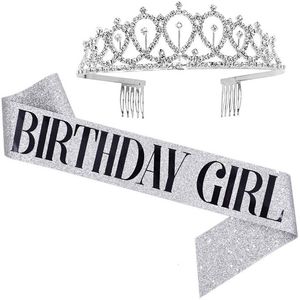 Other Festive Party Supplie Silver Golden Pink Crown with Children Birthday Girl Glitter Sashes Anniversary Queen Scarf Decoration 230221