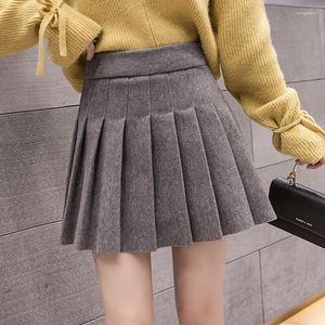 Skirts Winter Woolen Short Skirt Skorts Elastic Waist Solid A-line Pleated Mini Beige Gray