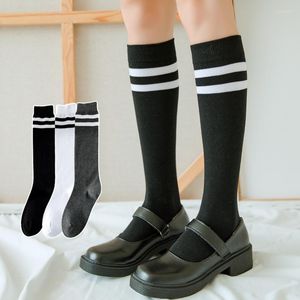 Women Socks JK Women's Leg Stripe Fashion Student Party Stockings Solid High Tube Knee Trend Black And White Cotton