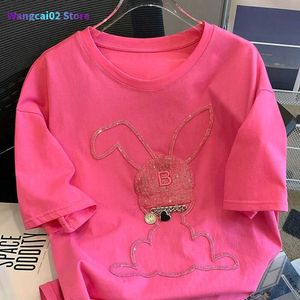 Women's T-Shirt Rose Pink Summer Cotton Sequins Embroidery T Shirts Cute Bunny Rabbit Cartoon Y2k Top Women Girls Kawaii Shirts for Women Ladies 022223H