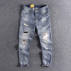 Men's Jeans Men's Hole 2023 Big Baggy Arrival Straight Pants Light Blue Worn Out Trendless 9-point Tattered Trouser 0310