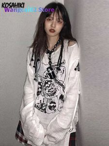 女性のTシャツコサヒキゴシックスカルプリントルーズTシャツ女性オフショルダー長袖ハラジュク薄いTシャツ韓国ファッションY2K TEE 022223H