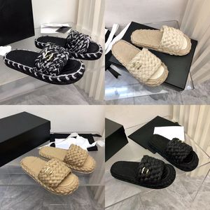 2023 Designer Luxus Twine Handgewebte Hausschuhe Damenmode Schwarz Weiß Grau Outdoor Slides Sandale Damen Runder Kopf Dicker Boden Lässige Flache Flip Flops Slipper